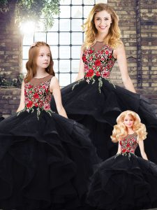 Edgy Sleeveless Tulle Floor Length Lace Up Quinceanera Dresses in Black with Beading and Embroidery