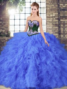 Blue Tulle Lace Up Sweetheart Sleeveless Floor Length Sweet 16 Quinceanera Dress Beading and Embroidery