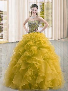 Most Popular Gold Sweetheart Lace Up Beading and Ruffles Ball Gown Prom Dress Sleeveless