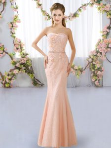 Ideal Floor Length Peach Dama Dress for Quinceanera Lace Sleeveless Beading