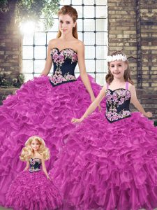 High Quality Fuchsia 15th Birthday Dress Military Ball and Sweet 16 and Quinceanera with Embroidery and Ruffles Sweetheart Sleeveless Lace Up