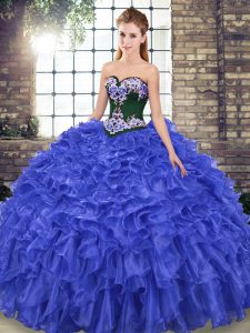 Fashionable Sweep Train Mermaid 15 Quinceanera Dress Royal Blue Sweetheart Organza Sleeveless Lace Up