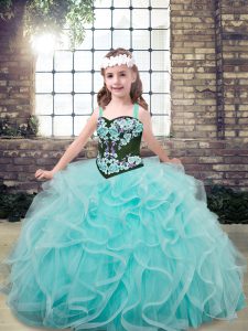 Great Aqua Blue Straps Lace Up Embroidery and Ruffles Glitz Pageant Dress Sleeveless