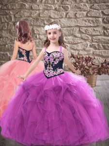 Purple Straps Neckline Embroidery and Ruffles Glitz Pageant Dress Sleeveless Lace Up