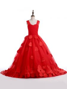 Red Sleeveless Tulle Brush Train Lace Up Kids Formal Wear for Wedding Party