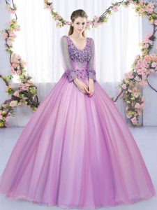 V-neck Long Sleeves Quinceanera Dresses Floor Length Lace and Appliques Lilac Tulle