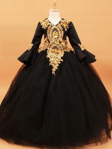 Black V-neck Beading and Appliques Glitz Pageant Dress Tulle Long Sleeves