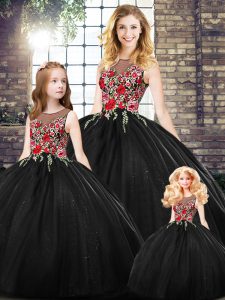 Black Sleeveless Embroidery Floor Length Sweet 16 Dress