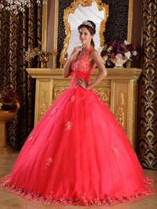 Free Shipping Halter Top Coral Red Appliqued Quinceanera Dress