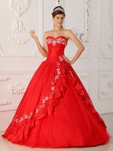 Red A-line Quinceanera Dress with White Embroidery About 200
