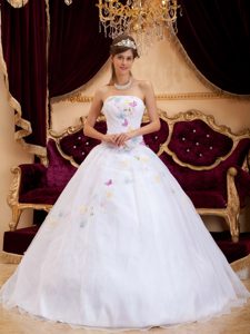 White Strapless Dresses for Quince with Colorful Appliques