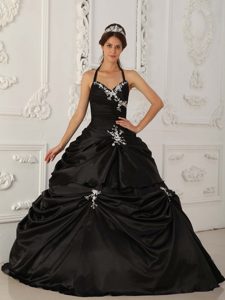 Halter Top Black Taffeta Quinces Dresses with White Appliques