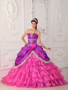 Cheap Hot Pink and Purple Ruffled Appliqued Quinceanera Dress