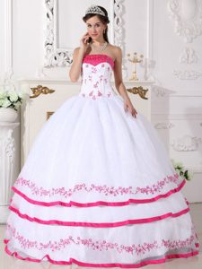 White and Hot Pink Ball Gown Embroidery Quinceanera Dresses