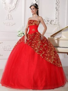 Shimmery Tulle Paillette Red Sweet 15 Dresses with Floral Patterns