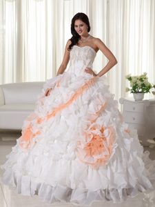 White and Orange Appliqued Dress for Sweet 15 with Flowers