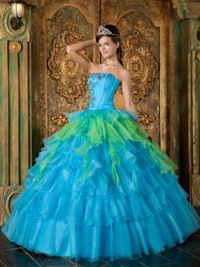 Strapless Two-toned Ruffled Layers Appliqued Quinceanera Dress