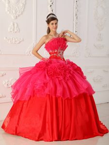 Traditional Red Organza Flowers Sweet 16 Dresses in Panajachel