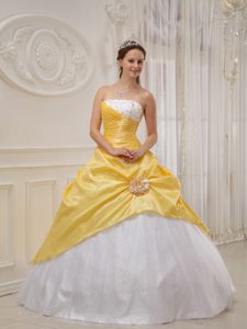 Yellow and White Cheap Beaded Sweet 16 Dresses in Cordoba