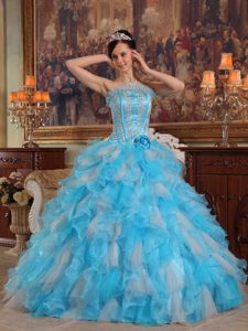 Strapless Appliqued Ruffled Aqua Blue Sweet 16 Dress in Rosario