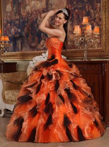 Orange and Black Rhinestones Ruffled Quinceanera Gown Dresses