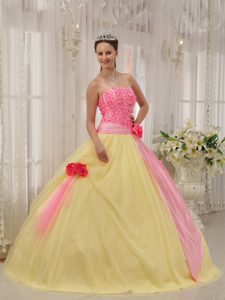 Pretty Pink and Yellow Sweet 16 Dress with Handmade Flowers