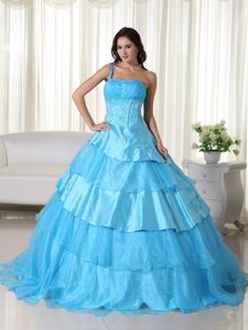 Multi-tiered one Shoulder Appliqued Aqua Blue Sweet 16 Dresses