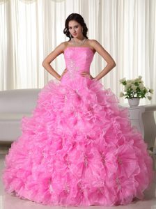 Plus Size Strapless Rolling Flowers Rose Pink Quinceanera Gown