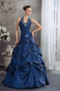 Halter Top Navy Blue Beaded Appliqued Quinceanera Dresses