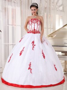 White Beaded Quinceanera Dresses with Red Appliques in Bristol