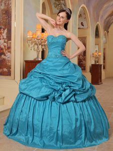 Teal Blue Beaded Taffeta Quinceanera Gown with Pick Ups in Bath