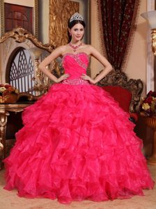 Coral Red Sweetheart Beaded Ruffled Organza Quince Dresses in Newry