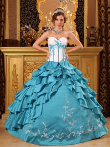 Turquoise Ruffled Taffeta Embroidery Quinceanera Gown in Ballycastle