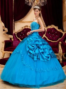 Teal Blue Taffeta Pick Ups and Appliques Quince Dresses in Belfast