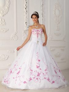 White Satin and Organza Embroidery Quinceanera Dress in Antrim