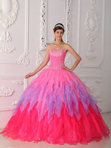 Pink Strapless Beaded Organza Ruffles Quinceaneras Dress in Clifton