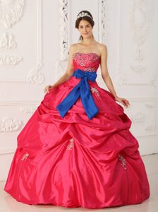 Red Beaded Taffeta Dress For Quinceanera with Blue Sash in Aachen