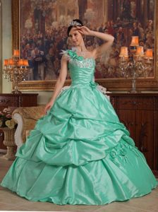 Green One Shoulder Taffeta Pick Ups Quinceanera Dress in Clifton