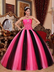 Hot Pink and Black Beaded Tulle Quinceanera Dresses in Newtownabbey