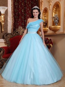 Light Blue One Shoulder Tulle Sweet Sixteen Dresses in Clifton