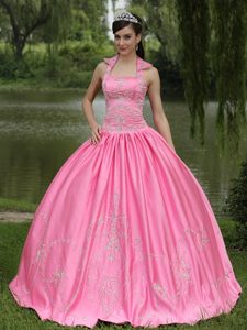 Rose Pink Beaded Halter Taffeta Dress For Quinceanera in London