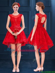 High Low Red Court Dresses for Sweet 16 Scoop Sleeveless Lace Up