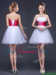 Chic Sleeveless Mini Length Beading and Ruching and Belt Lace Up Quinceanera Dama Dress with White