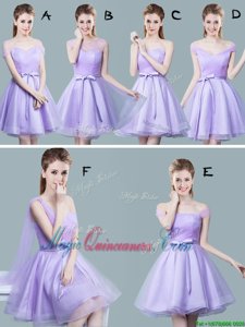 Comfortable Straps Straps Knee Length Lavender Dama Dress for Quinceanera Tulle Cap Sleeves Ruching and Bowknot