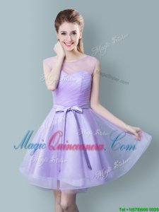 Edgy Lavender Zipper Scoop Ruching and Bowknot Quinceanera Court of Honor Dress Tulle Sleeveless