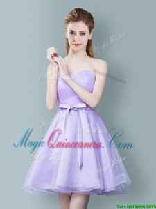 Graceful Lavender Tulle Zipper Damas Dress Sleeveless Knee Length Ruching and Bowknot