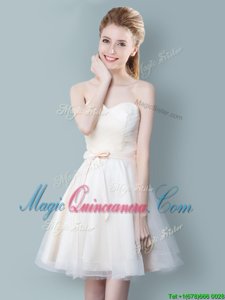 Sophisticated Champagne Sweetheart Zipper Ruching and Bowknot Dama Dress for Quinceanera Sleeveless