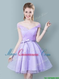 Clearance Lavender Empire V-neck Cap Sleeves Tulle Knee Length Zipper Ruching and Bowknot Quinceanera Dama Dress