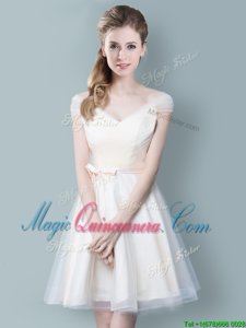 Charming Champagne Zipper Dama Dress Ruching and Bowknot Cap Sleeves Knee Length
