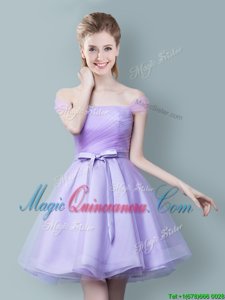 Off the Shoulder Knee Length Lavender Court Dresses for Sweet 16 Tulle Sleeveless Ruching and Bowknot